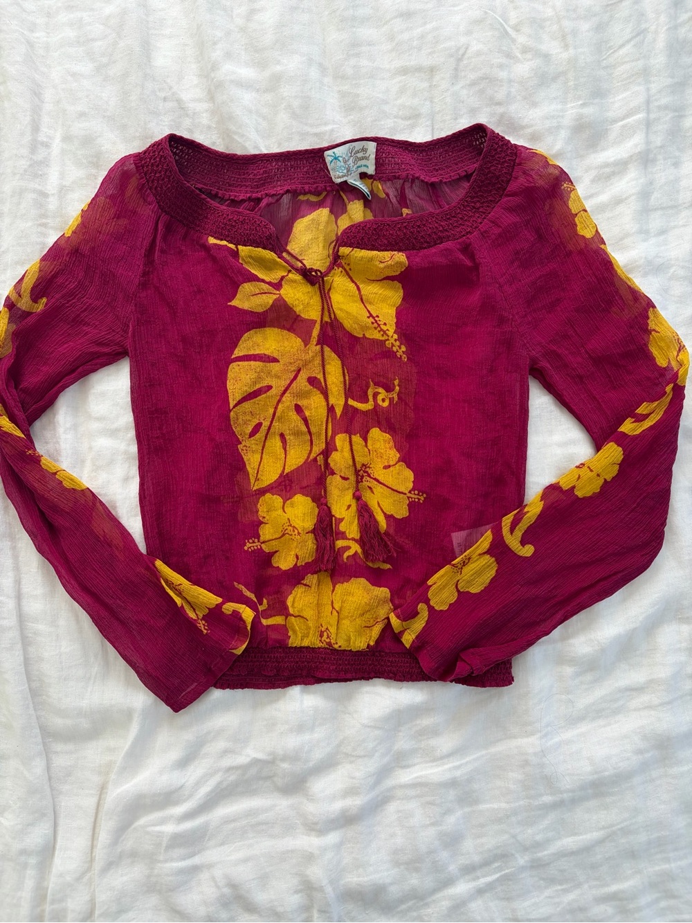 Lucky brand silk sheer burgundy cropped long sleeve shirt